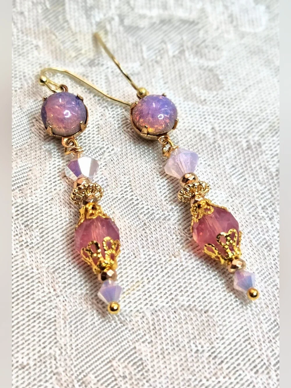 Victorian Delicate & Dainty Pink Opal Swarovski & Glass In Gold Plated Earrings